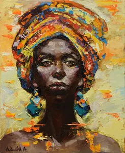 Pintura gruesa hecha a mano <span class=keywords><strong>para</strong></span> decoración del hogar, pintura al óleo pintada a mano, retrato de figura, lienzo de mujer africana, arte de pared, pintura colgante - Product Image 4