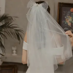 Hôn nhân phụ kiện đám cưới trắng ngà đơn giản vải tuyn ngắn hai lớp cô dâu Mạng Che Mặt