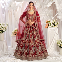 Ensemble Lehenga Indien et Pakistanais en Soie Brodé Rouge, Longueur Ras du Sol, Voile en Velours et Tulle, Séchage Rapide, Tenue de Mariée et de Festival