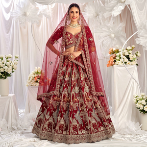 Ensemble Lehenga Indien et Pakistanais en Soie Brodé Rouge, Longueur Ras du Sol, Voile en Velours et Tulle, Séchage Rapide, Tenue de Mariée et de Festival - Product Image 1