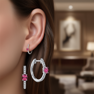 Elegantes Pendientes de Aro de Oro Blanco con Diamante de Corte Ovalado y Gema Rosa para Mujer, Joyería de Plata para Uso Diario - Product Image 2