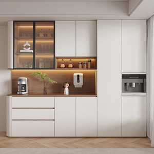 Meuble d'appoint et armoire haute intégrés style crème, mural pour salon, cave à vin avec coin arrondi, armoire de rangement - Product Image 1