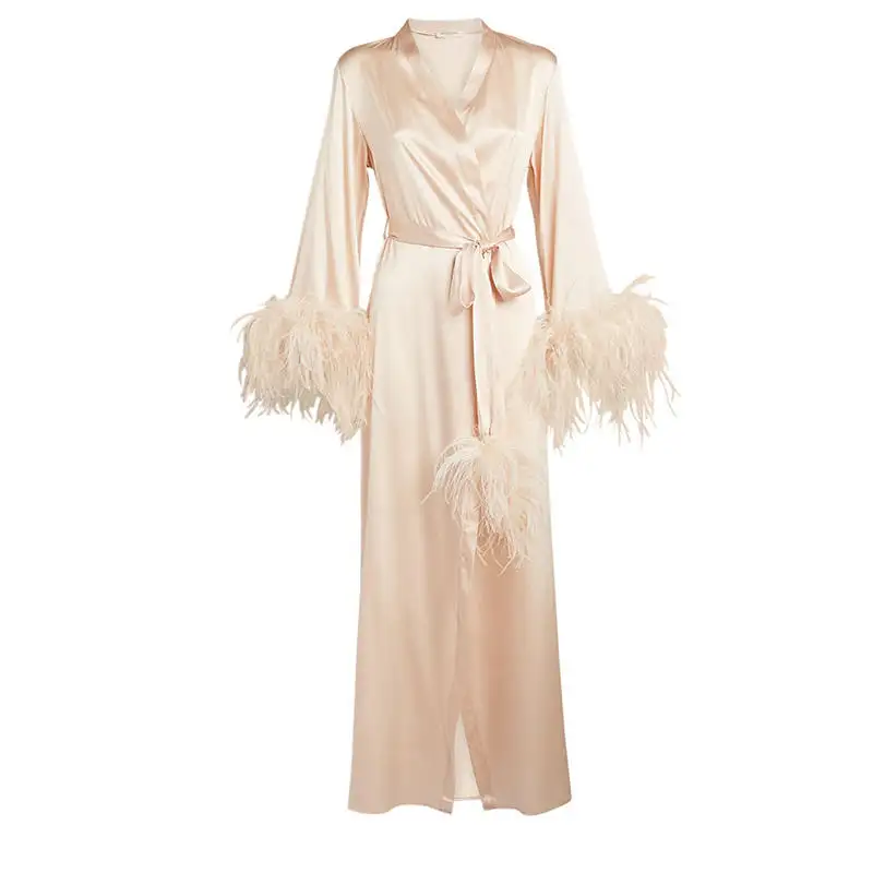 2022 Wholesale New Arrival Satin Kimono Robe Femme Long Bath Robe Women's Satin Silk Sleepwear Ostrich Feather Bridesmaid Robe