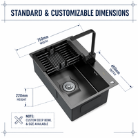 Évier de cuisine noir nano avec robinet cascade, en acier inoxydable 304, à cuve unique, avec lave-tasses, multifonctionnel, intelligent et fait main