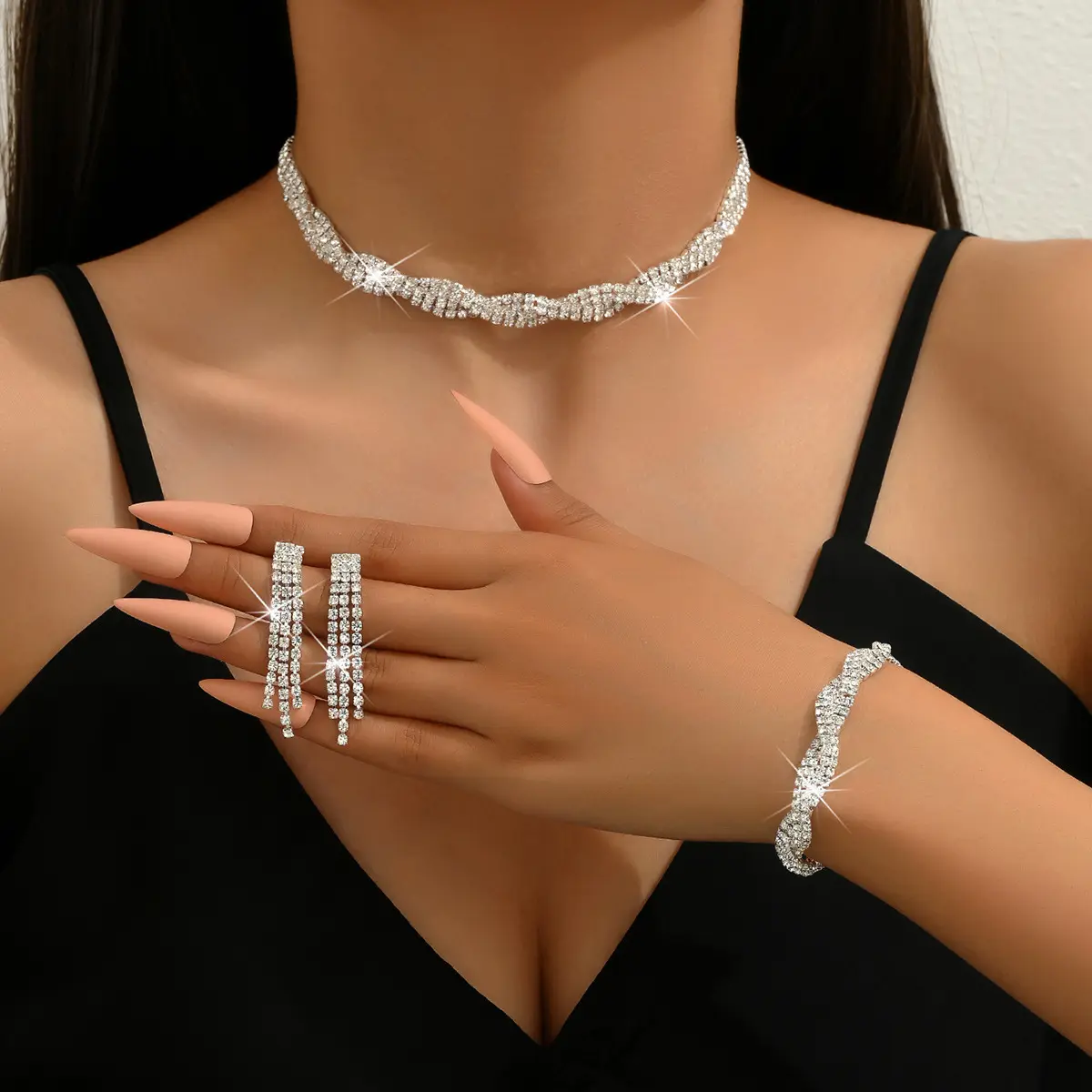 웨딩 파티 액세서리 쓰리피스 여성 패션 쥬얼리 클로 체인 다이아몬드 파티 팔찌 목걸이 귀걸이의 밝은 전체