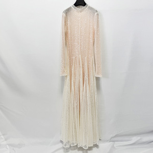 Abito da sera lungo in rete bianca con paillettes, a maniche lunghe e collo alto, modello maxi a reticolo, elegante e modesto, per donna, ideale per feste nuziali - Product Image 3