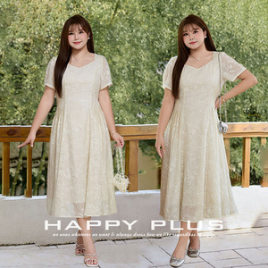 แฮปปี้ พลัสเดรสชีฟองลายนูน N9274 ไซส์พลัสทรงเอคอเหลี่ยมแขนสั้นวานิลลาไรซ์เดรสผู้หญิง - Product Image 1