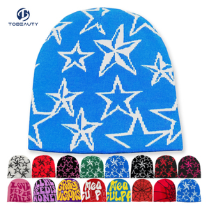 Sombrero de diseñador personalizado al por mayor, <span class=keywords><strong>gorro</strong></span> unisex con estampado completo, <span class=keywords><strong>gorro</strong></span> de <span class=keywords><strong>invierno</strong></span> de punto Jacquard con estrella de punto personalizado - Product Image 1