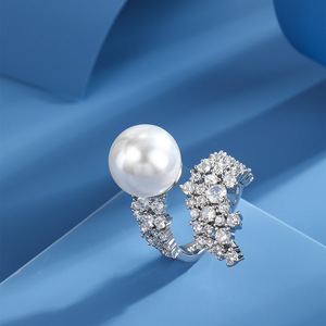 French Style Pearl <b>Ring</b> With Full Diamond Zircon Setting Adjustable <b>Opening</b> For Women Party Jewelry - Product Image 1