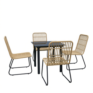 <b>Oak</b> And Black Poly Rattan Dining Set 4 Seater Powder Coated Steel <b>Frame</b> Glass Top Garden Outdoor Furniture - Product Image 1