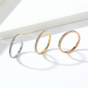 Women's 2mm Full Diamond <b>Titanium</b> Steel <b>Ring</b> 18K Gold Plated Pave Setting Fashion Jewelry Gift - Product Image 2
