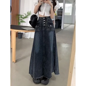 Jupe mi-longue en jean à volants pour femme, taille haute, décontractée, pour le printemps - Product Image 1