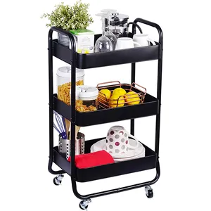 3-tier Metal Rolling Cart Storage Trolley Easy Assembly for Kitchen Office Bathroom 3 Tier Trolley Cart