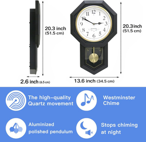 Horloge murale noire avec <span class=keywords><strong>pendule</strong></span> oscillant, sonnerie de Westminster à quartz, arrêt automatique la nuit, cadran facile à lire pour salon et <span class=keywords><strong>cuisine</strong></span> - Product Image 2