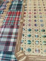 Alas Meja Mahjong Berbingkai Rotan Motif Tartan Patchwork, Gaya Retro Farmhouse, Permukaan Permainan Dekoratif