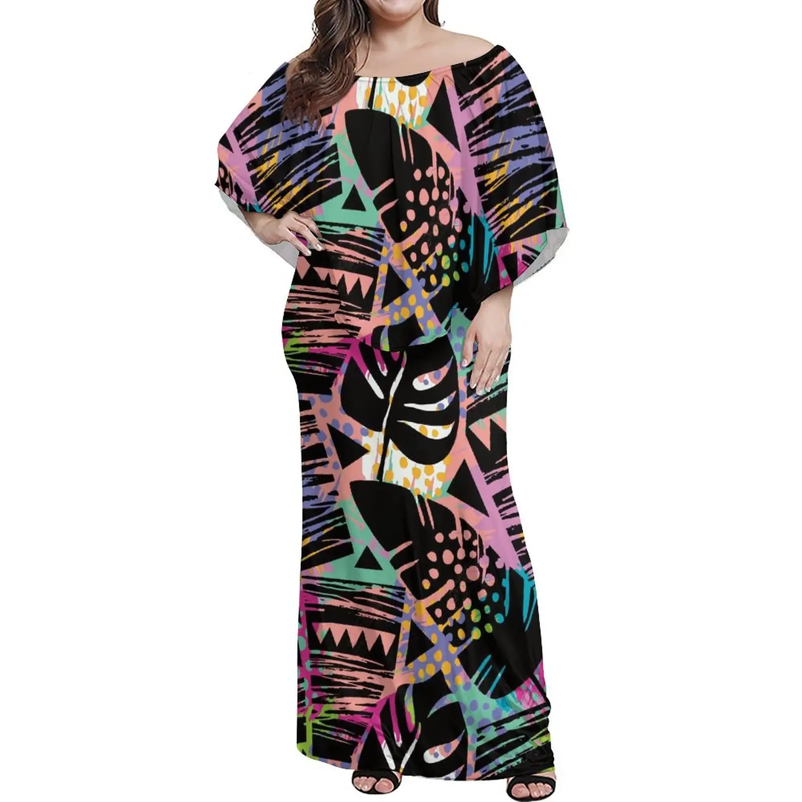 Factory Outlet Wholesale Custom Digital Print Oversized Hawaiian Dresses Big Size 6XL 7XL Layered Ruffle Off Shoulder Long Dress