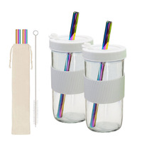 Lot de 2 bocaux Mason en verre transparent de 24 oz à large ouverture pour smoothies, avec couvercles en silicone et pailles, pour thé aux perles Boba