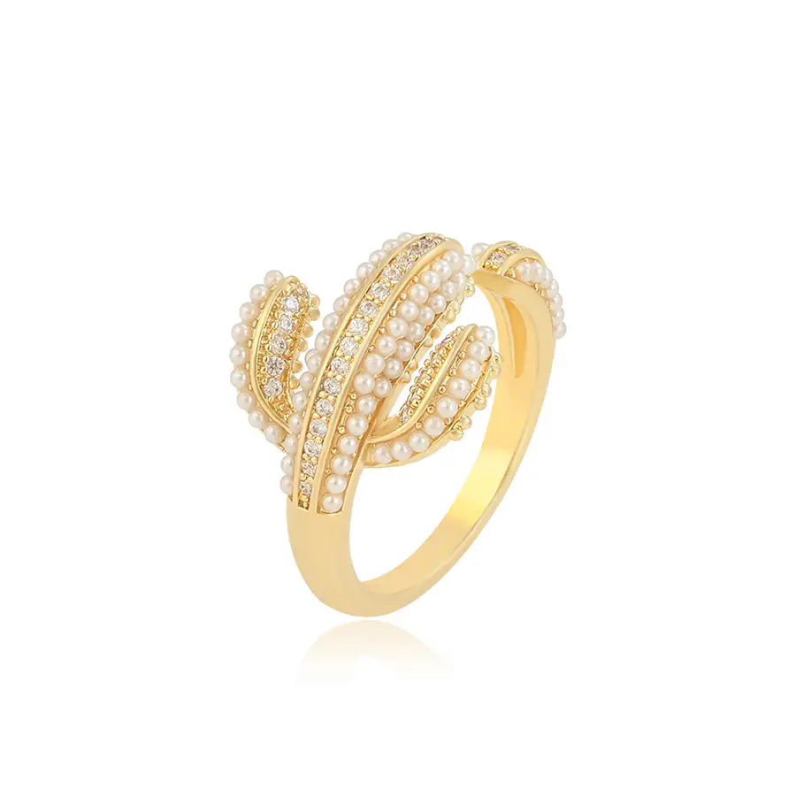 YMring-303 Xuping Sieraden Creatieve Ontwerp Cactus Ingelegd Parel Novel Fashion 14K Vergulde Diamanten Open Ring
