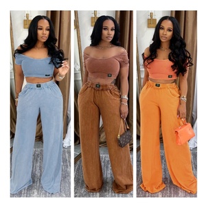 Ensemble pantalon d'été décontracté deux pièces stretch rétro avec col en <span class=keywords><strong>U</strong></span>, haut court, t-shirt et pantalon taille haute à jambes larges - Product Image 1