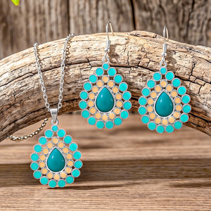 Ensemble de bijoux turquoise géométrique en argent 925, style bohème, collier et boucles d'oreilles, pour femmes, à porter au quotidien - Product Image 1