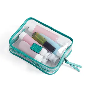 Square green custom logo print pouch with zipper visible clear skincare bag package makeup stuff storage clutch for young lady