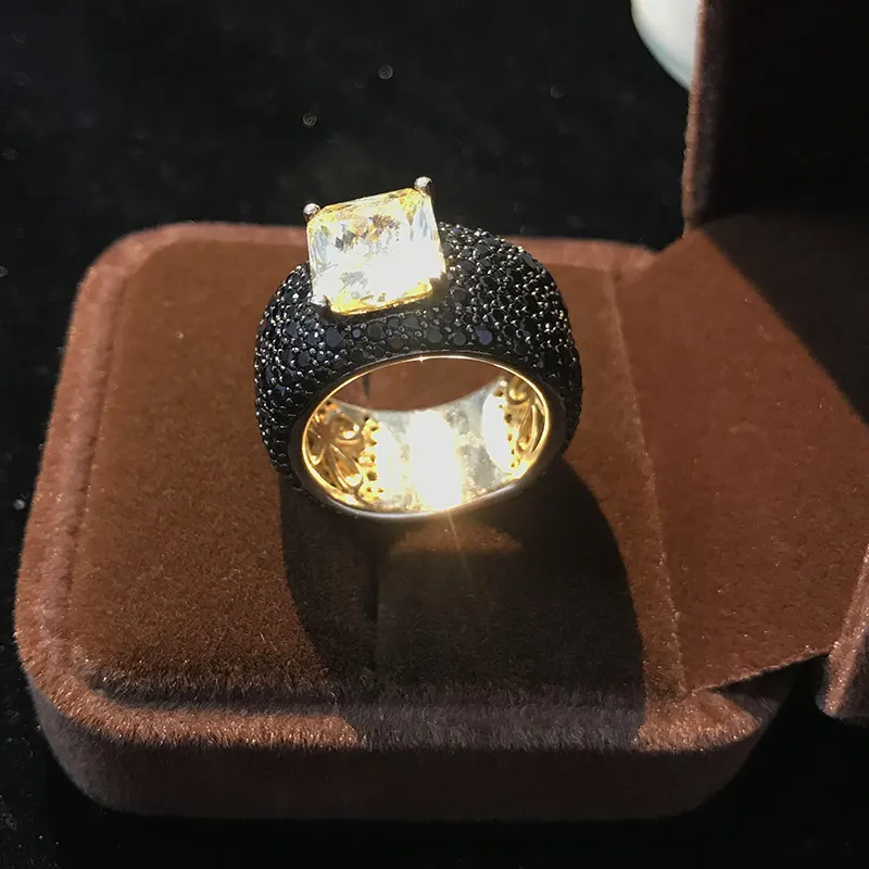 Luxury Gold Plated Pave Ring Jewelry Men Black Zircon Ring Fine S925 Silver Yellow Gemstone Ring