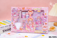 Caja de Regalo de Papelería Kawaii Personalizada al por Mayor, Juego de Cintas Adhesivas Washi, Kit de Scrapbooking de Dibujos Animados con Bloc de Notas de Hojas Sueltas y Bolígrafo de Gel