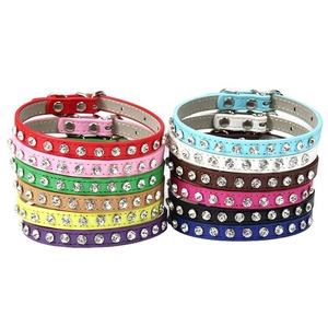 Mewah Bling-Bling pola padat kucing dan anjing kecil kalung kerah hewan lucu berlian imitasi di PU kerah untuk hewan warna murni - Product Image 2