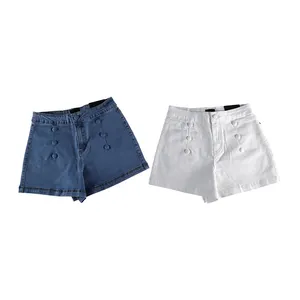 Moda alta cintura verano cremallera Fly Casual Denim Shorts mujeres señoras Jeans pantalones cortos para mujeres Jeans