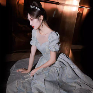 Evening Gown Female Sweetheart Neckline Empire Waist Blue Gray Long Dress Party Performance Banquet Elegant Host Spring Fashion - Product Image 1