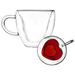 Tazza da caffè in vetro borosilicato trasparente a doppia parete isolata a forma di cuore all'ingrosso con manico tazza da tè Espresso