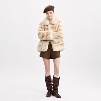 Poncho court d'hiver Saga Furs certifié en fourrure de renard ivoire champagne pour femme, coupe-vent, teint uni, col rabattable en fourrure de dos de renard, polyester