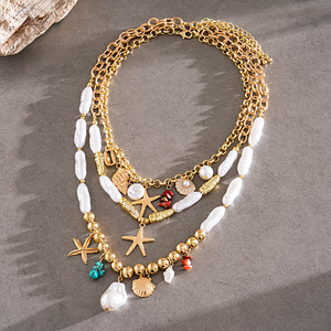 Multi Layer Beach Starfish Shell Pearl Necklace Women Boho Baroque Pearl Ocean Pendant Clavicle <b>Chain</b> Summer Jewelry - Product Image 4