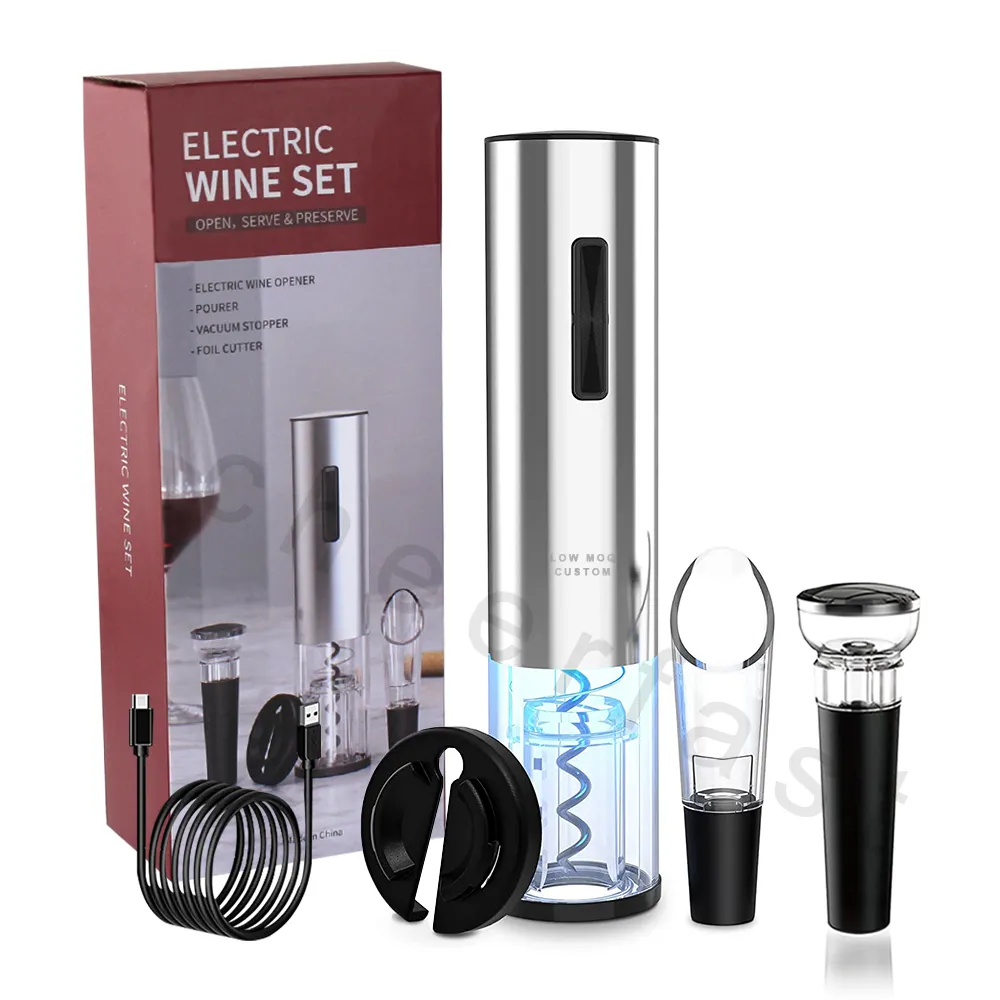 Muti Function Rechargeable Automatic Red Wine Bottle Corkscrew And Usb Charging Cable Stainless Steel Electric Wine Opener Kit