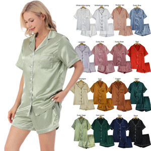 Pigiama Elegante di Alta Qualità per Donne in Raso Setoso <span class=keywords><strong>con</strong></span> <span class=keywords><strong>Bottoni</strong></span>, Abbigliamento <span class=keywords><strong>da</strong></span> <span class=keywords><strong>Notte</strong></span>, Camicia <span class=keywords><strong>da</strong></span> <span class=keywords><strong>Notte</strong></span> a <span class=keywords><strong>Maniche</strong></span> <span class=keywords><strong>Corte</strong></span> <span class=keywords><strong>con</strong></span> Tasca - Product Image 1