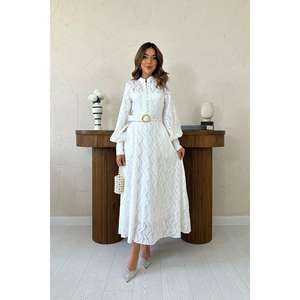 Robe longue élégante en organza blanc, col montant, style vintage, coupe trapèze, avec ceinture, respirante, pour soirée - Product Image 5