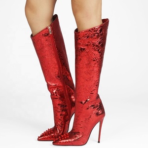 2021 Pointy Toe Women <b>Boots</b> Silver Calf High Patent Leather High-heeled Shoes Rivet Decor Knee High <b>Boots</b> Side Zipper - Product Image 5