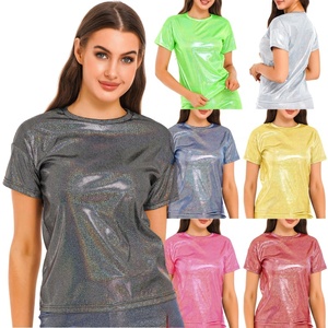 Camiseta Holográfica para Mujer, Estilo Jazz, Metálica, Manga Corta, Cuello Redondo, Brillante, para Festivales, Fiestas, Rave, Iridiscente, Streetwear - Product Image 1