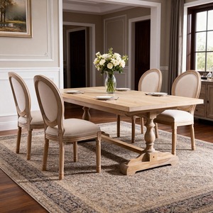 Juego de 2 sillas de comedor con respaldo ovalado, tapizadas en lino, con estructura de madera maciza estilo francés, color beige - Product Image 5