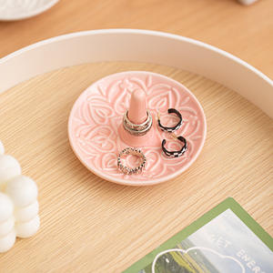 PENOBON 4 Inch Ceramic Modern Stylish Pink & White Embossed <b>Jewelry</b> Storage Tray for Earrings Necklaces Bracelets - Product Image 4