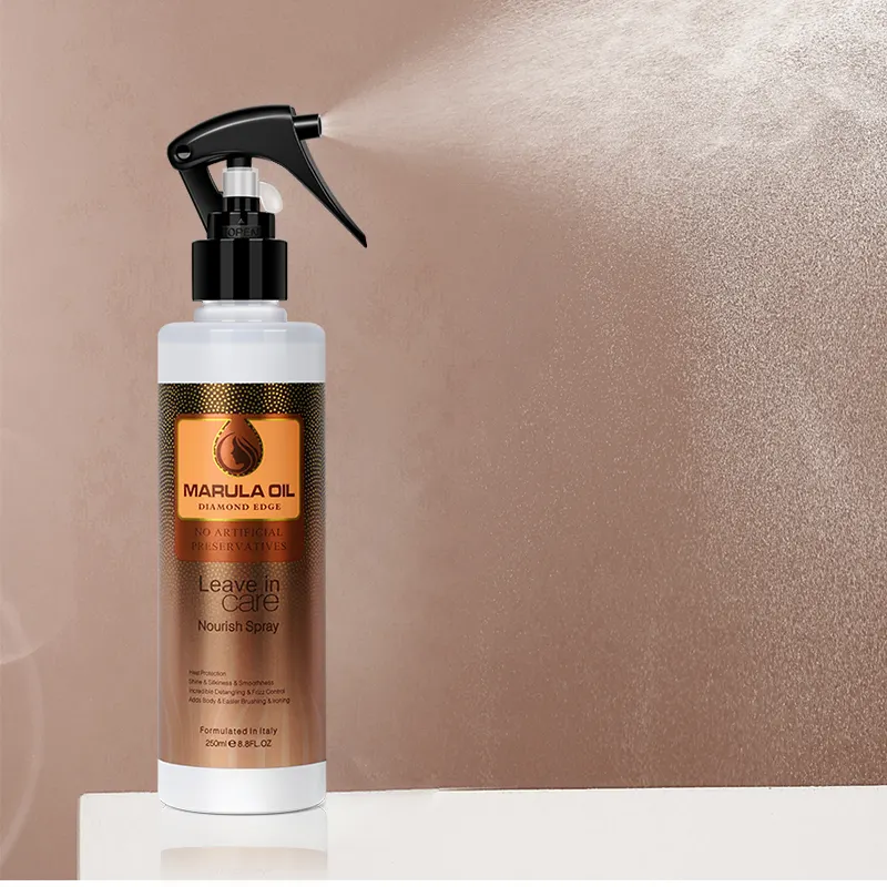 Spray de cabelo anti-frizz hidratante personalizado de marca própria, óleo de Marula, protetor térmico e brilhante, desembaraçador de cabelo