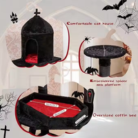 Tour à chat en bois gothique noir, lit en forme de cercueil, condo, poteaux à gratter, boule d'araignée, meubles à plusieurs niveaux, arbre à chat pour Halloween et Noël