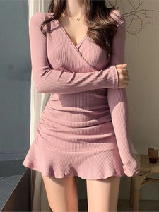 Y2K Europe and America in estate gonna alla moda con scollo <span class=keywords><strong>a</strong></span> V bellissimo abito in stile tinta unita da donna <span class=keywords><strong>a</strong></span> maniche lunghe - Product Image 3