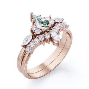 Anillo de Boda Cuadrado de Dos Capas con Corona para Mujer, Plata de Ley 925, Ágata Musgosa de 1.75 Quilates, Engaste de Garras, Certificado por Terceros - Product Image 5