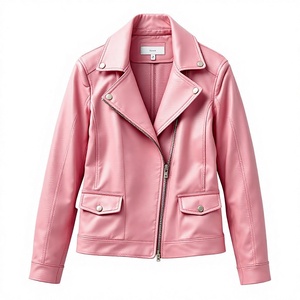 Chaqueta de moto rosa para mujer, de piel sintética, con cuello vuelto, cierre de cremallera, manga larga, chaqueta ajustada de piel de oveja auténtica tejida para mujer - Product Image 1