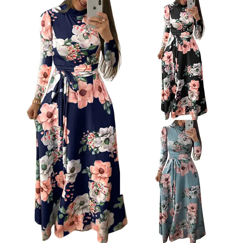 Nieuwe Stijl O-hals Lange Mouw Casual Vrouwen Bloemenprint Maxi Zomerjurk Plus Size Dameskleding