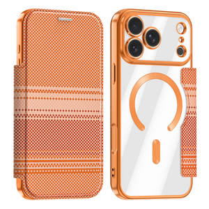เคสโทรศัพท์แบบพลิกพรีเมียม หนังลายไฟเบอร์ พร้อมฟิล์มกันรอยเลนส์ รองรับการชาร์จแม่เหล็ก สำหรับ iPhone 18 13 14 17 Pro Max 15 16 Plus - Product Image 1
