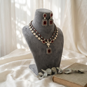 Vintage <b>Ruby</b> <b>Necklace</b> and Earring Set with Imitation Pearl Gold Plated Brass Jewelry Bohemian Unisex Wedding Style - Product Image 3