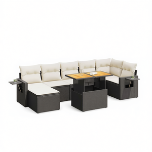 Ensemble de salon de jardin en rotin blanc crème et noir avec table pour usage extérieur, 6 places, design contemporain - Product Image 1