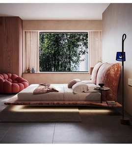 Modern Minimalist Moda Trendi Şönil Yaprak Şeklinde Yüzen Yatak Prenses Pembesi Döşemeli Lüks Ana Yatak Odası İtalyan Kumaş - Product Image 3